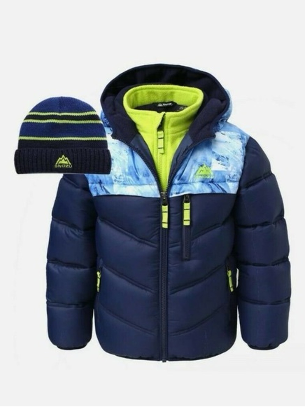 Snozu Navy and Lime Green Boys Puffer Jacket with Beanie